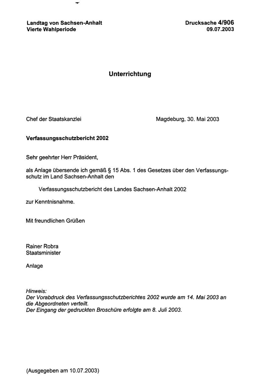 Seite 1 des Verfassungsschutzbericht 2002 Sachsen-Anhalt