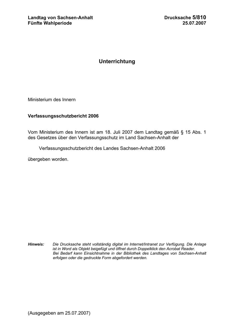 Seite 1 des Verfassungsschutzbericht 2006 Sachsen-Anhalt