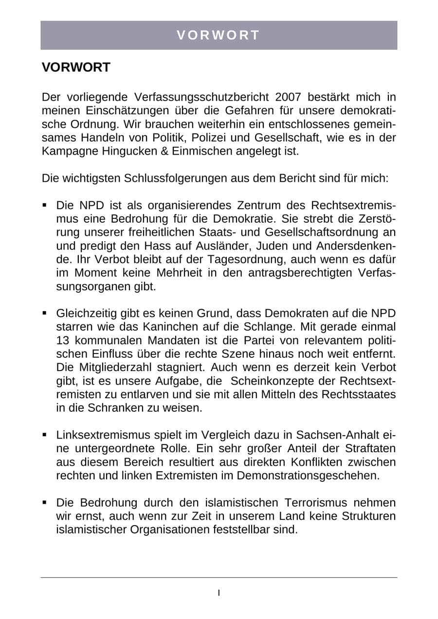 Seite 2 des Verfassungsschutzbericht 2007 Sachsen-Anhalt