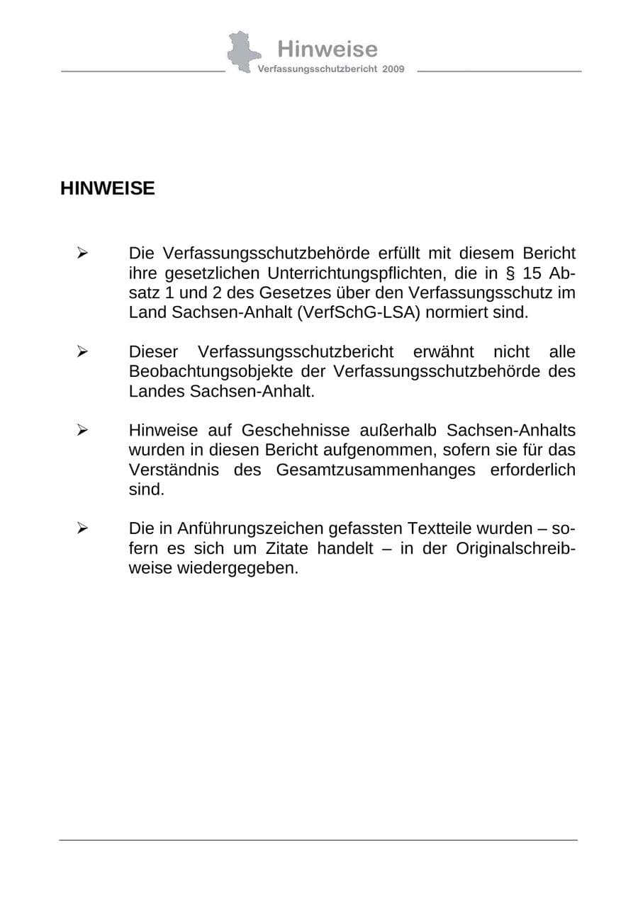 Seite 2 des Verfassungsschutzbericht 2009 Sachsen-Anhalt