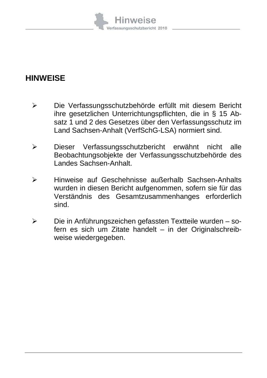 Seite 2 des Verfassungsschutzbericht 2010 Sachsen-Anhalt