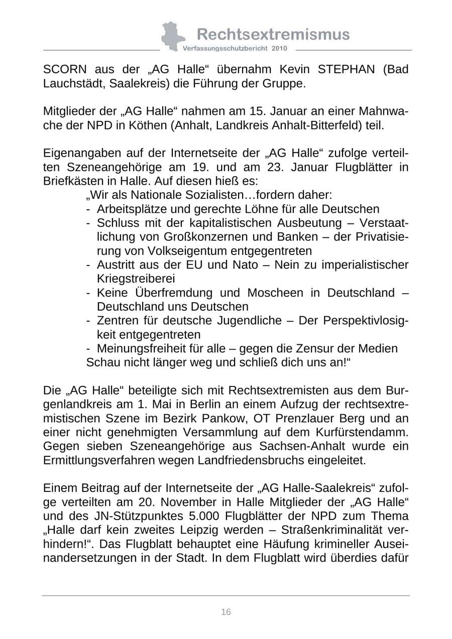 Seite 18 des Verfassungsschutzbericht 2010 Sachsen-Anhalt