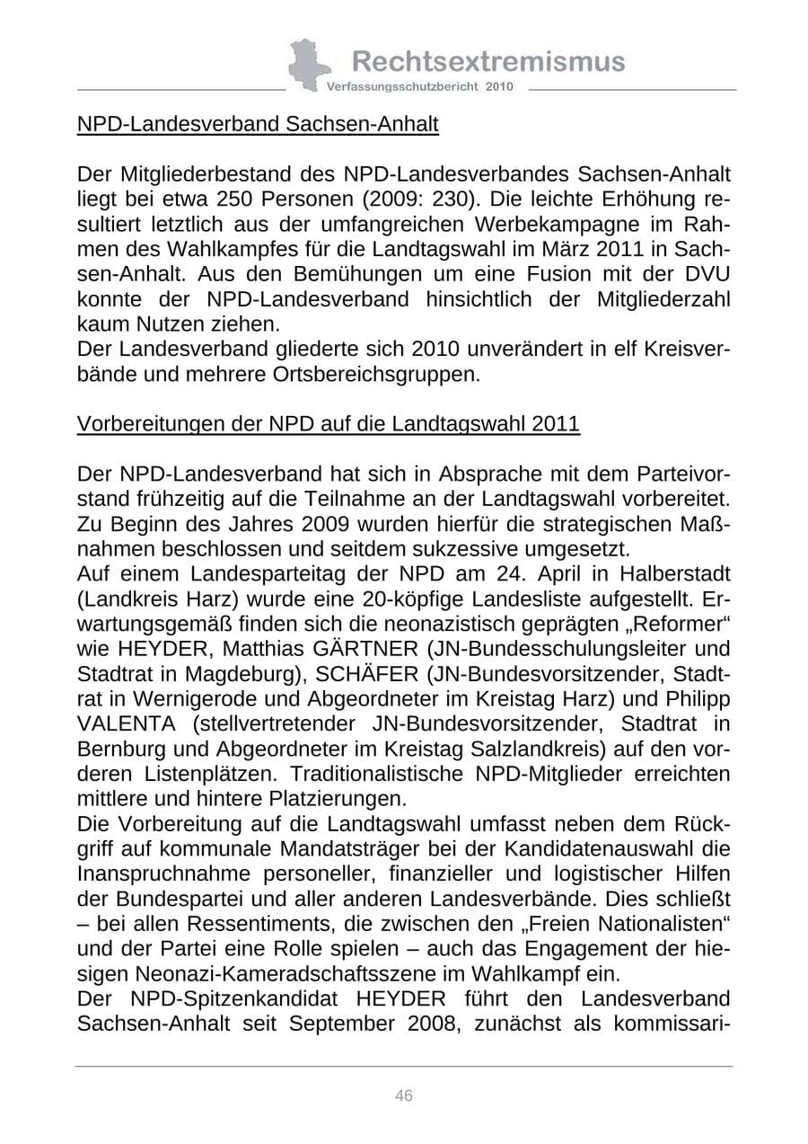 Seite 48 des Verfassungsschutzbericht 2010 Sachsen-Anhalt