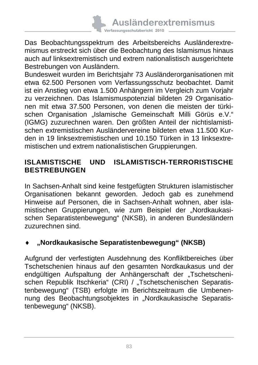 Seite 85 des Verfassungsschutzbericht 2010 Sachsen-Anhalt