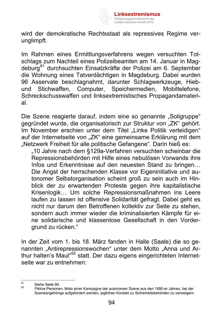Seite 106 des Verfassungsschutzbericht 2012 Sachsen-Anhalt