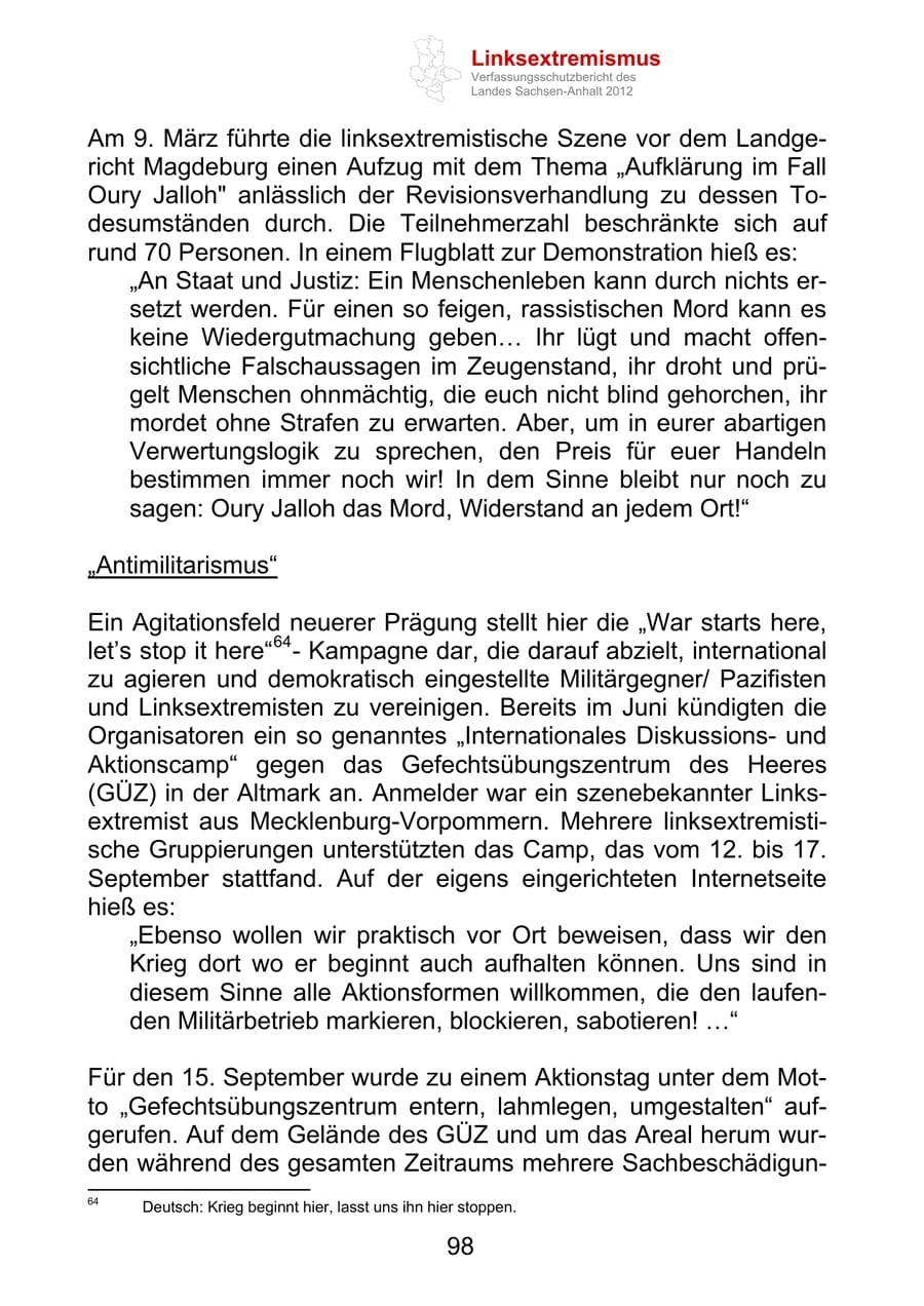 Seite 110 des Verfassungsschutzbericht 2012 Sachsen-Anhalt