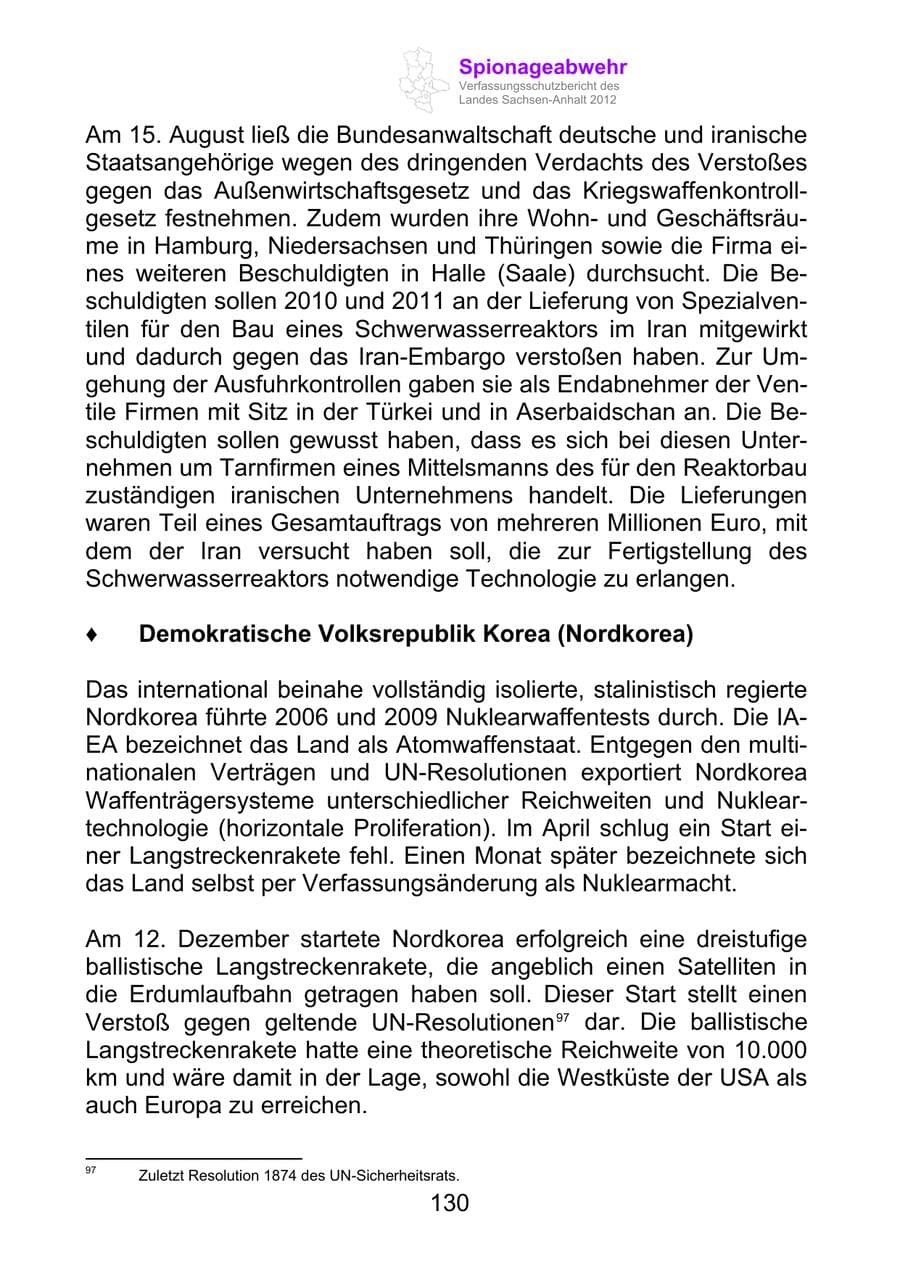 Seite 142 des Verfassungsschutzbericht 2012 Sachsen-Anhalt