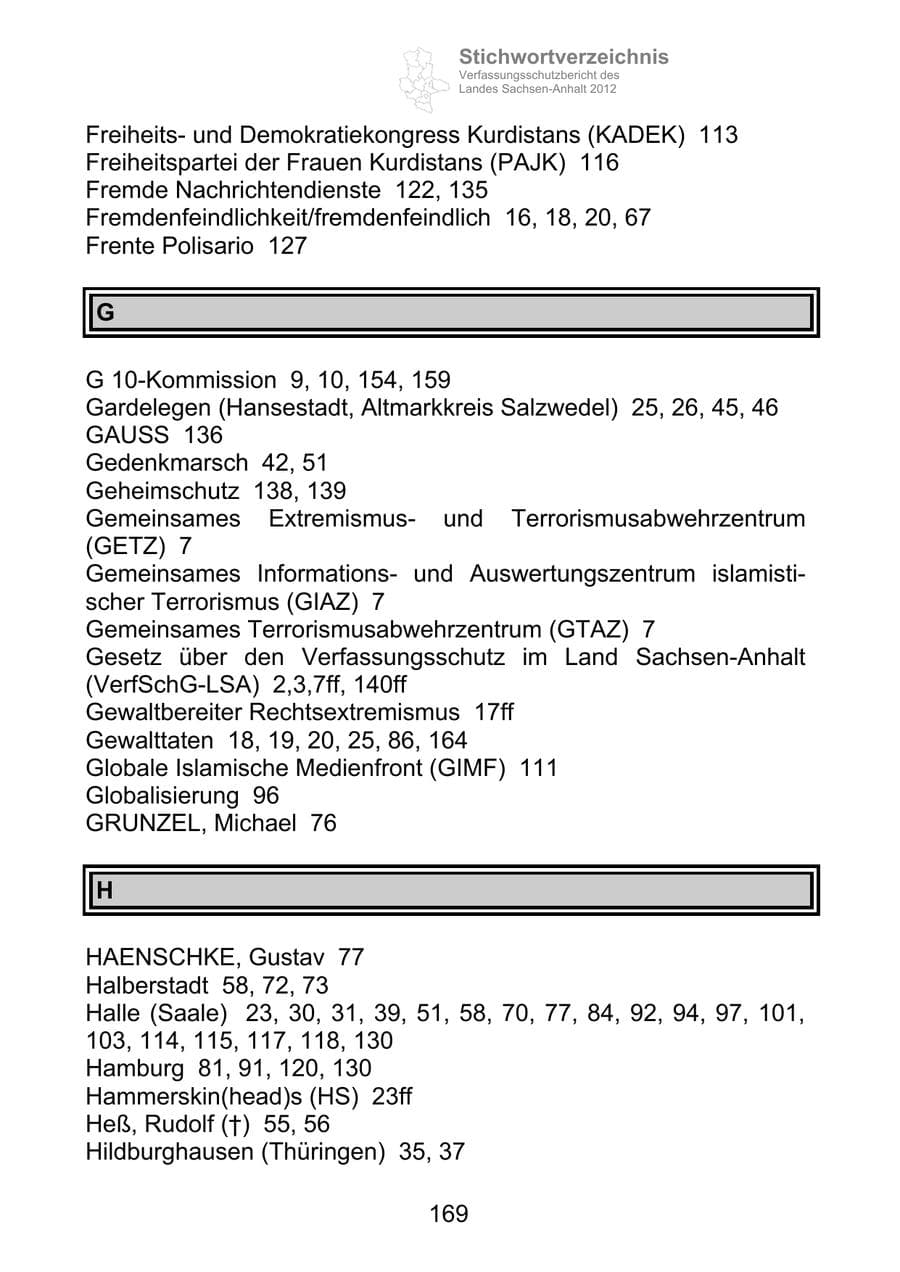 Seite 181 des Verfassungsschutzbericht 2012 Sachsen-Anhalt