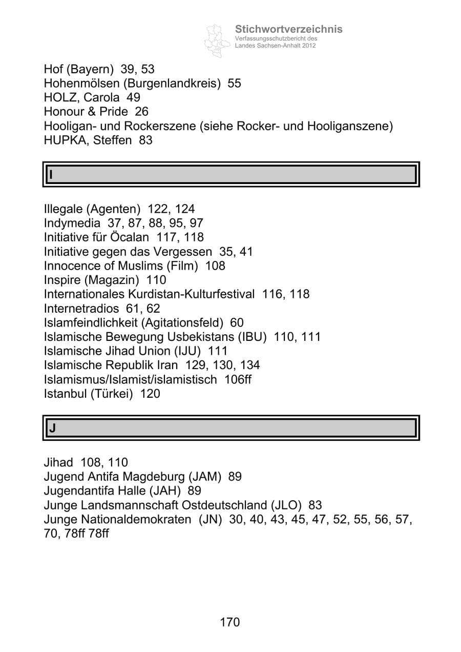 Seite 182 des Verfassungsschutzbericht 2012 Sachsen-Anhalt
