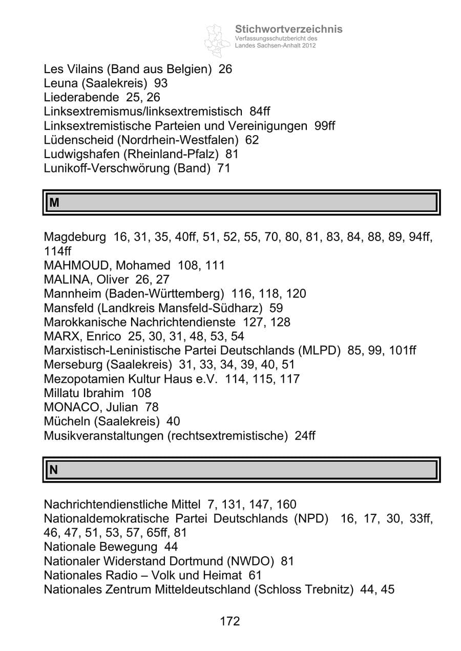 Seite 184 des Verfassungsschutzbericht 2012 Sachsen-Anhalt