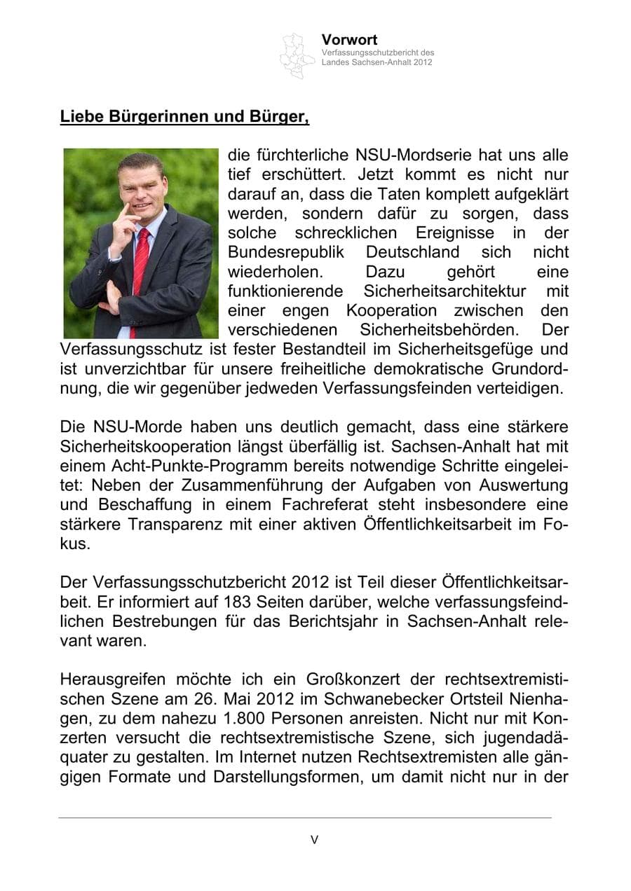 Seite 5 des Verfassungsschutzbericht 2012 Sachsen-Anhalt