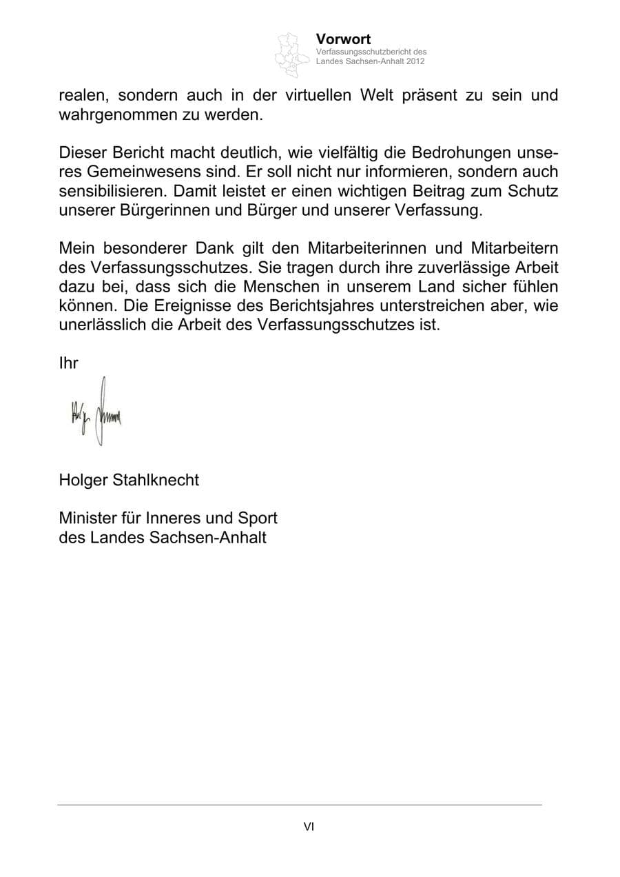 Seite 6 des Verfassungsschutzbericht 2012 Sachsen-Anhalt