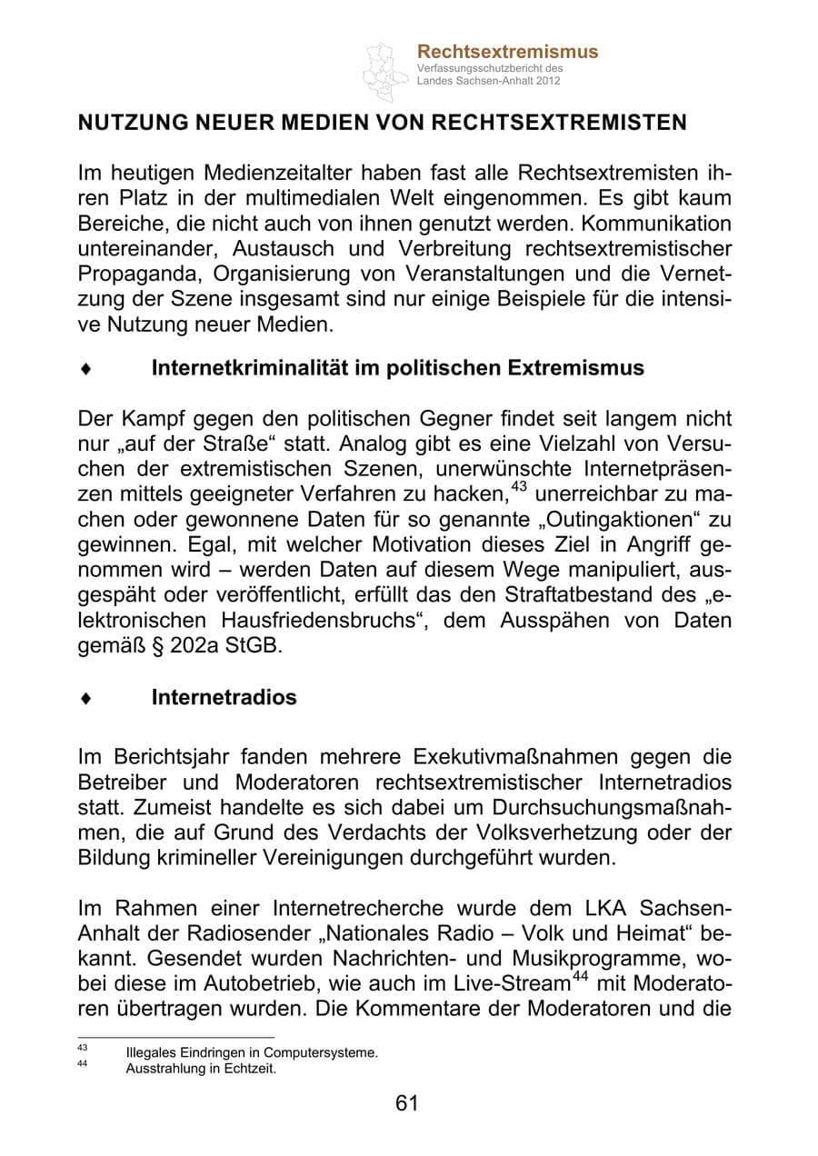 Seite 73 des Verfassungsschutzbericht 2012 Sachsen-Anhalt