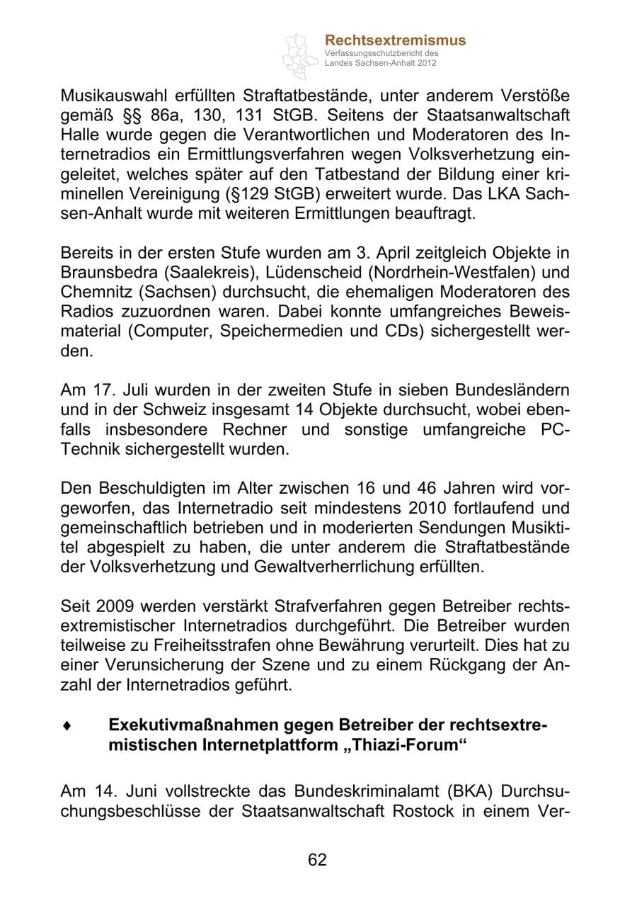 Seite 74 des Verfassungsschutzbericht 2012 Sachsen-Anhalt