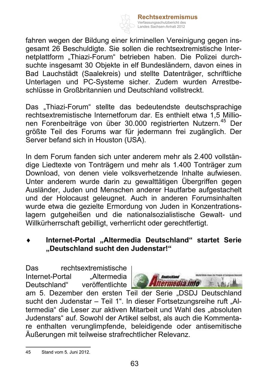 Seite 75 des Verfassungsschutzbericht 2012 Sachsen-Anhalt