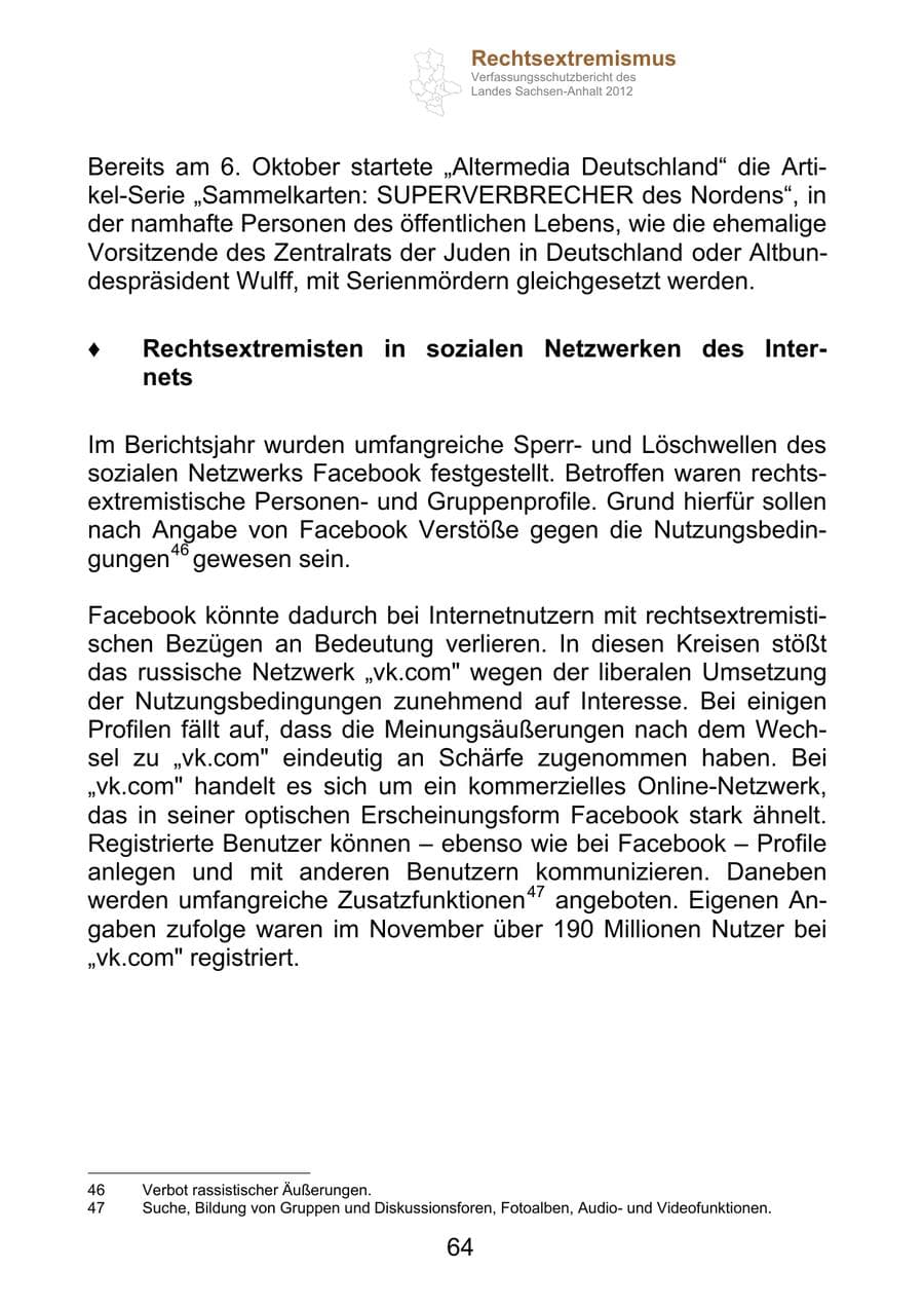 Seite 76 des Verfassungsschutzbericht 2012 Sachsen-Anhalt