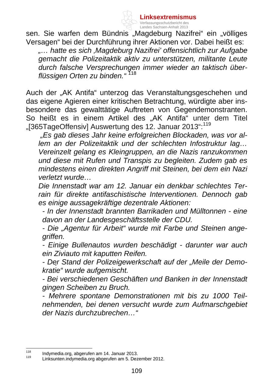 Seite 122 des Verfassungsschutzbericht 2013 Sachsen-Anhalt