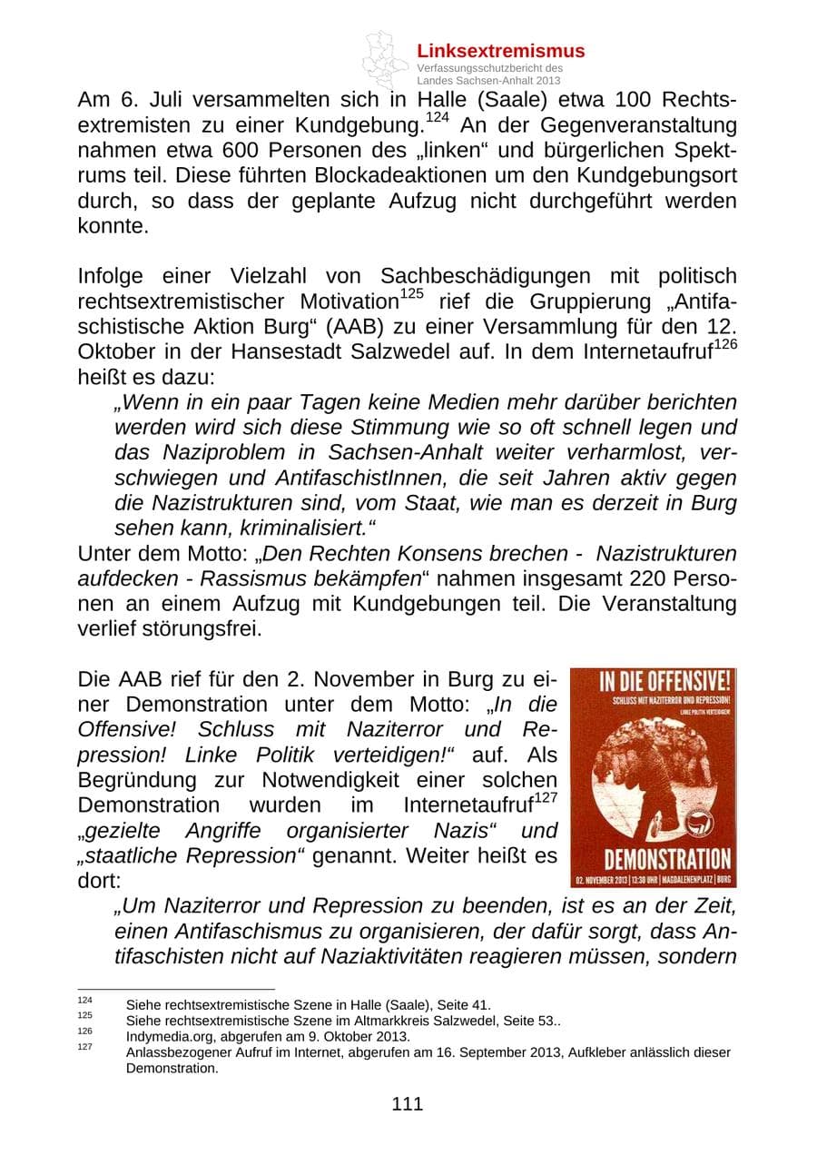 Seite 124 des Verfassungsschutzbericht 2013 Sachsen-Anhalt