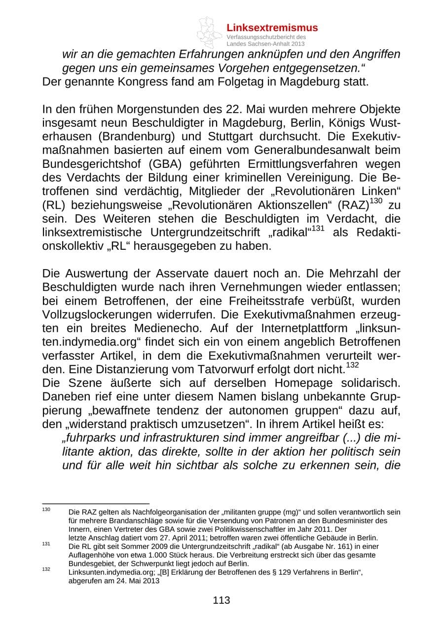 Seite 126 des Verfassungsschutzbericht 2013 Sachsen-Anhalt