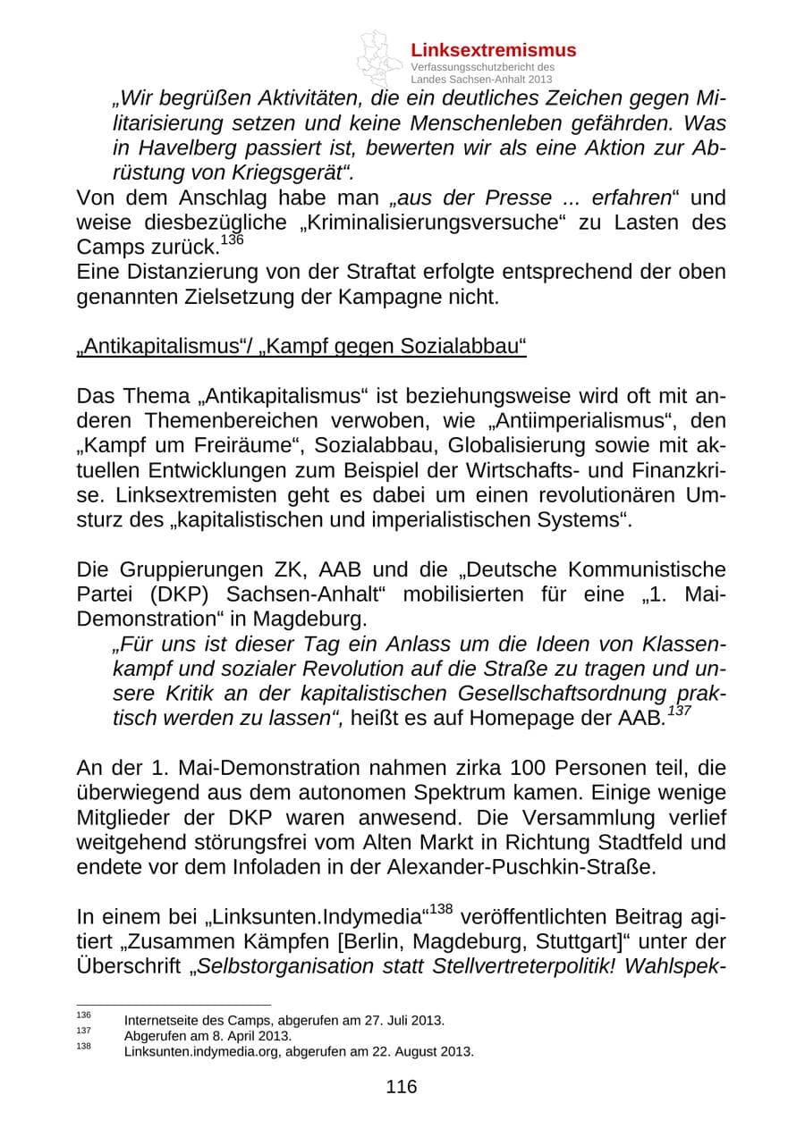 Seite 129 des Verfassungsschutzbericht 2013 Sachsen-Anhalt
