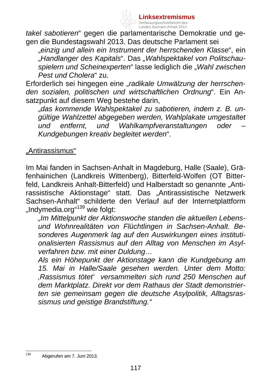 Seite 130 des Verfassungsschutzbericht 2013 Sachsen-Anhalt