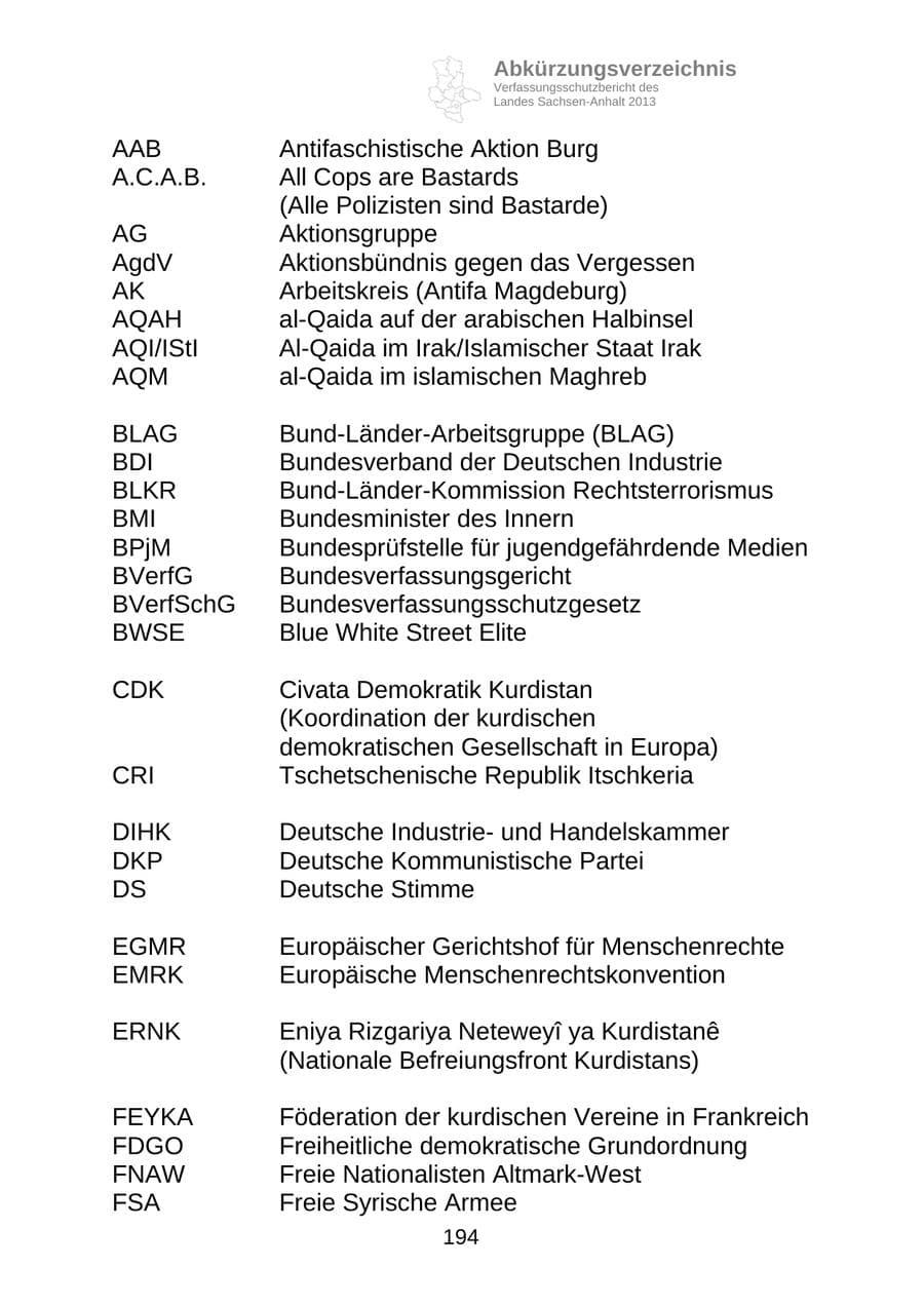 Seite 207 des Verfassungsschutzbericht 2013 Sachsen-Anhalt