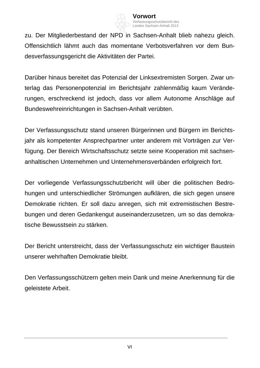 Seite 6 des Verfassungsschutzbericht 2013 Sachsen-Anhalt