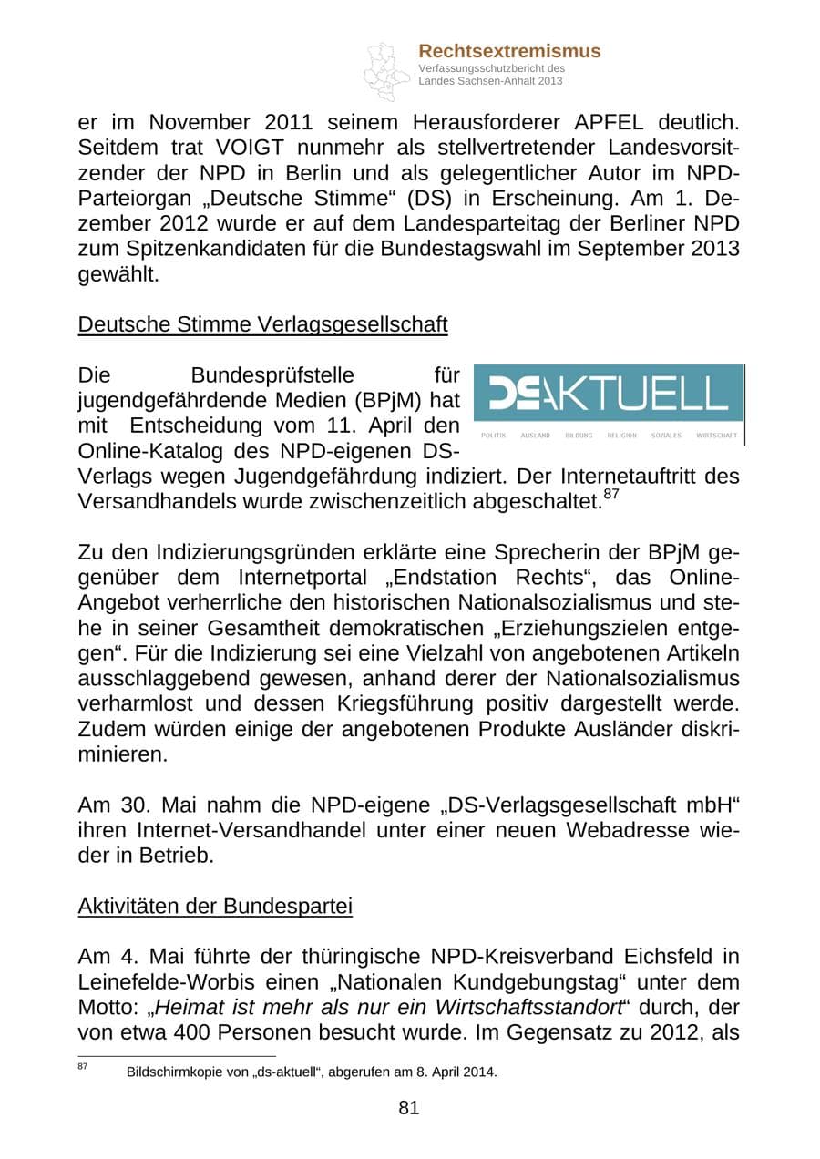 Seite 94 des Verfassungsschutzbericht 2013 Sachsen-Anhalt