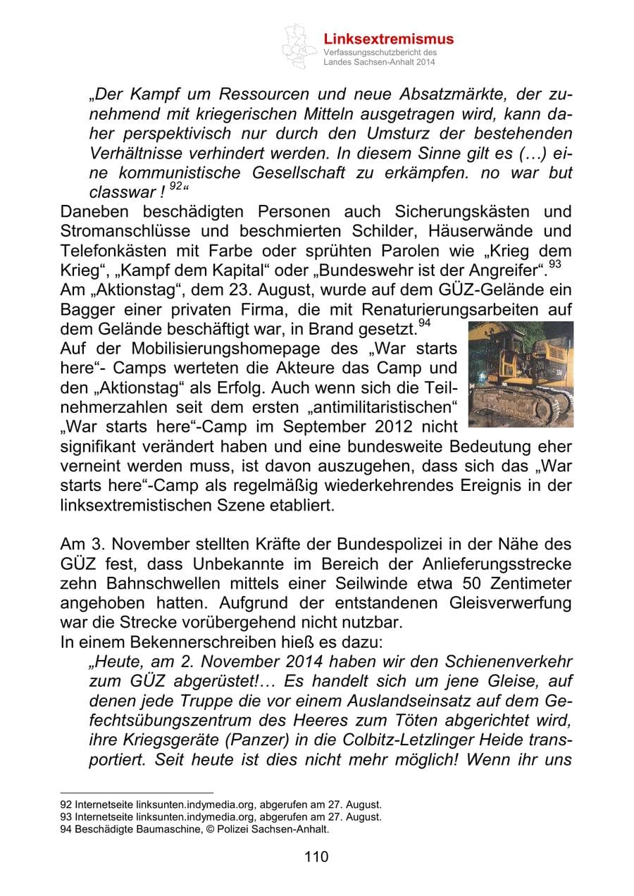 Seite 110 des Verfassungsschutzbericht 2014 Sachsen-Anhalt