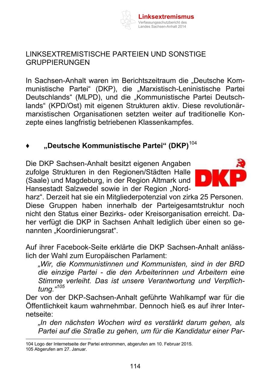 Seite 114 des Verfassungsschutzbericht 2014 Sachsen-Anhalt