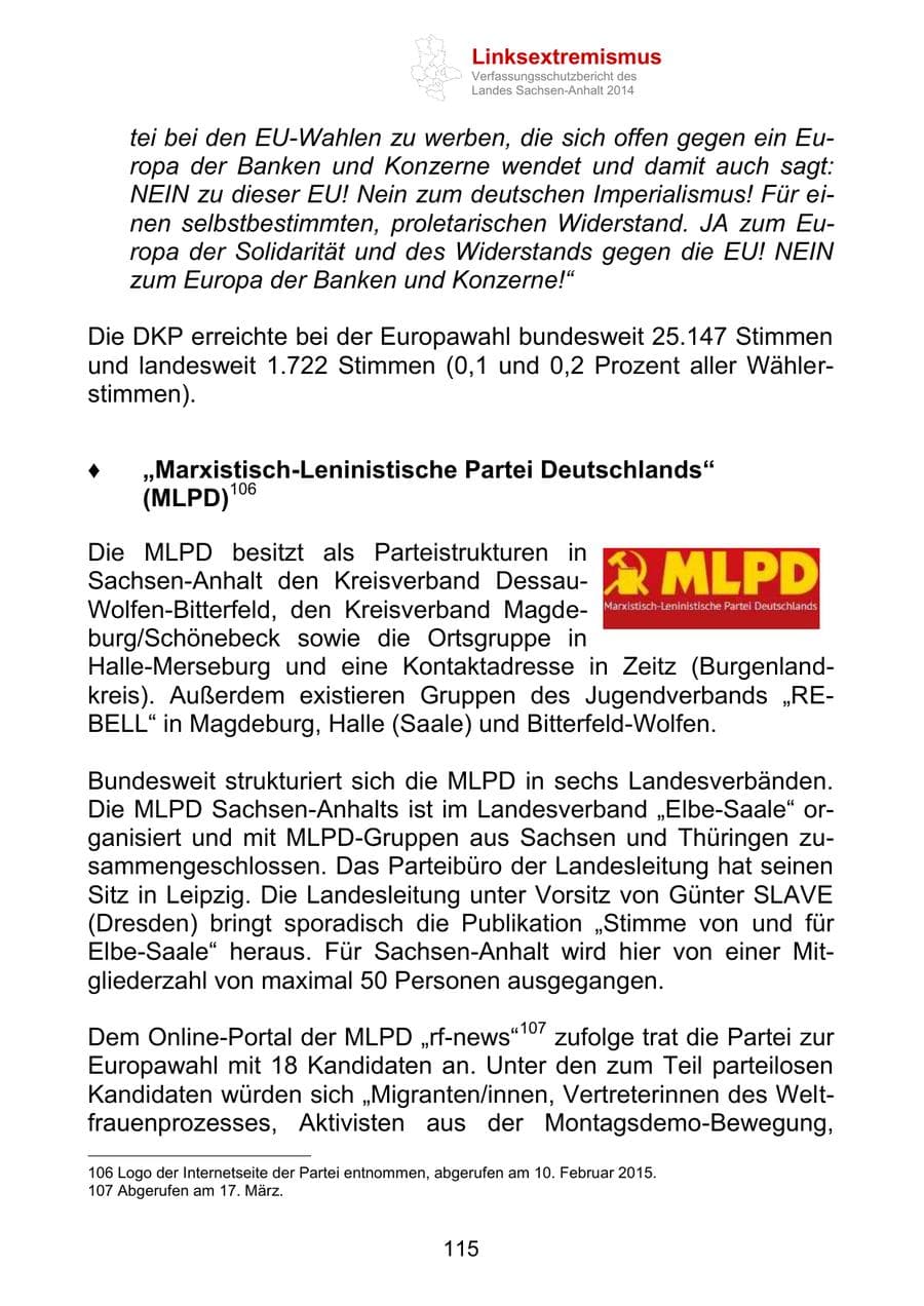 Seite 115 des Verfassungsschutzbericht 2014 Sachsen-Anhalt
