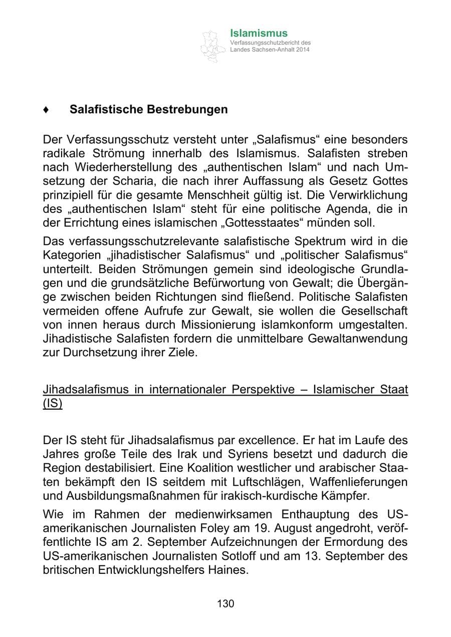 Seite 130 des Verfassungsschutzbericht 2014 Sachsen-Anhalt