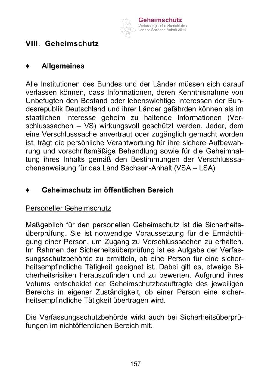 Seite 157 des Verfassungsschutzbericht 2014 Sachsen-Anhalt
