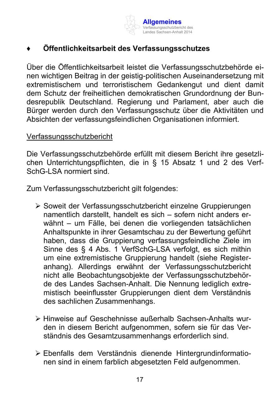 Seite 17 des Verfassungsschutzbericht 2014 Sachsen-Anhalt