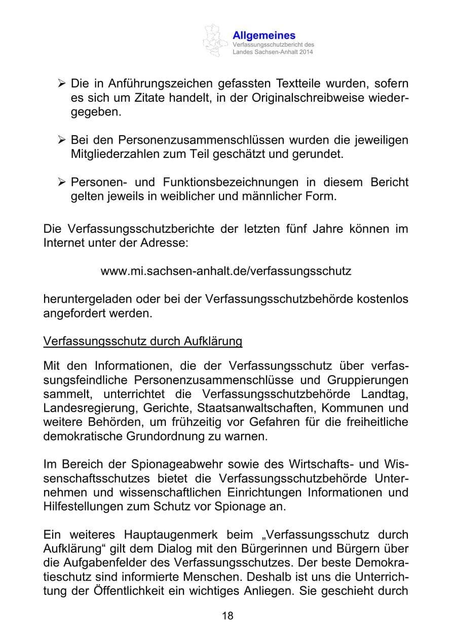 Seite 18 des Verfassungsschutzbericht 2014 Sachsen-Anhalt