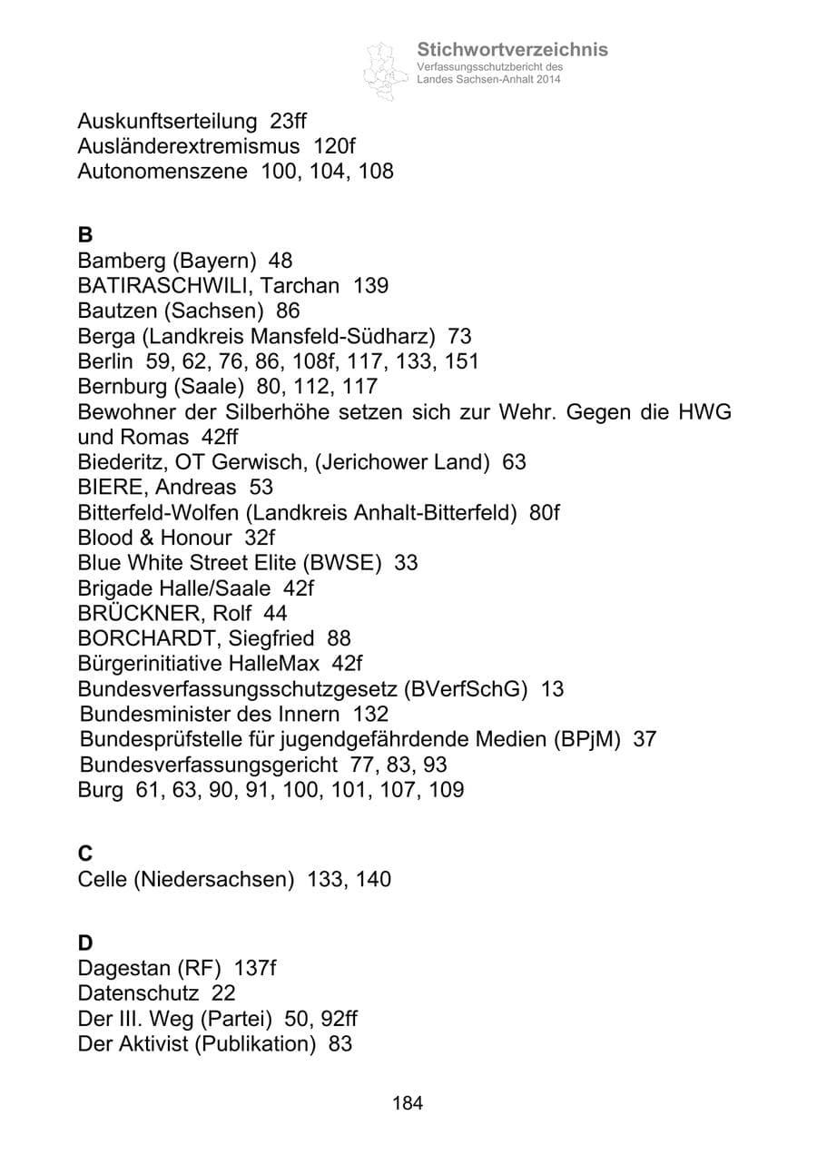 Seite 184 des Verfassungsschutzbericht 2014 Sachsen-Anhalt