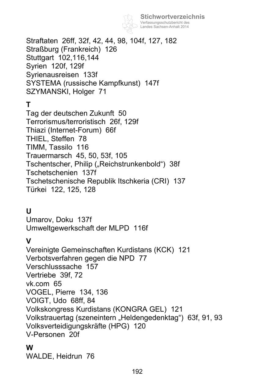 Seite 192 des Verfassungsschutzbericht 2014 Sachsen-Anhalt