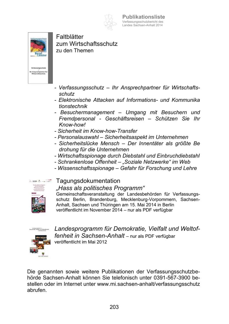 Seite 203 des Verfassungsschutzbericht 2014 Sachsen-Anhalt