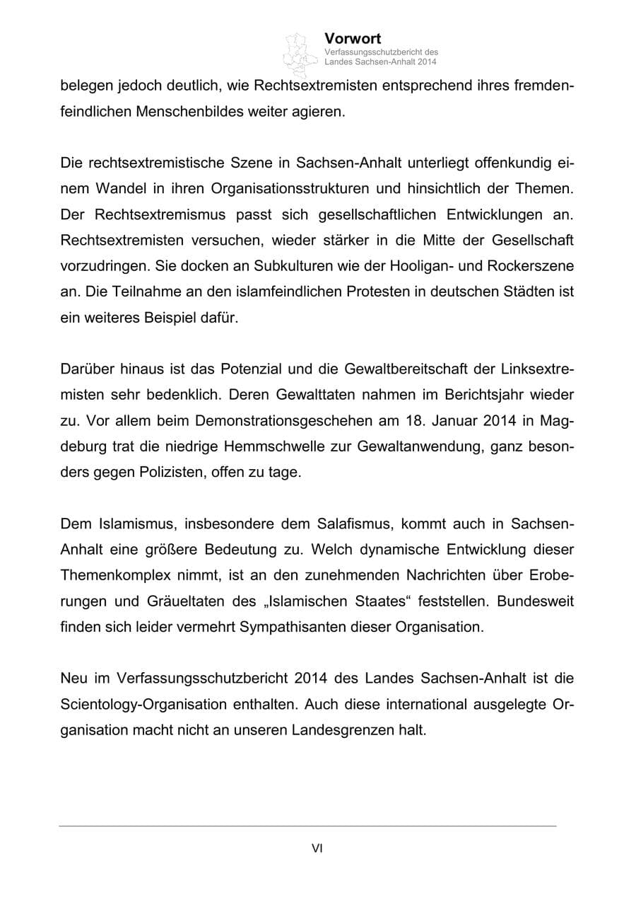 Seite 6 des Verfassungsschutzbericht 2014 Sachsen-Anhalt