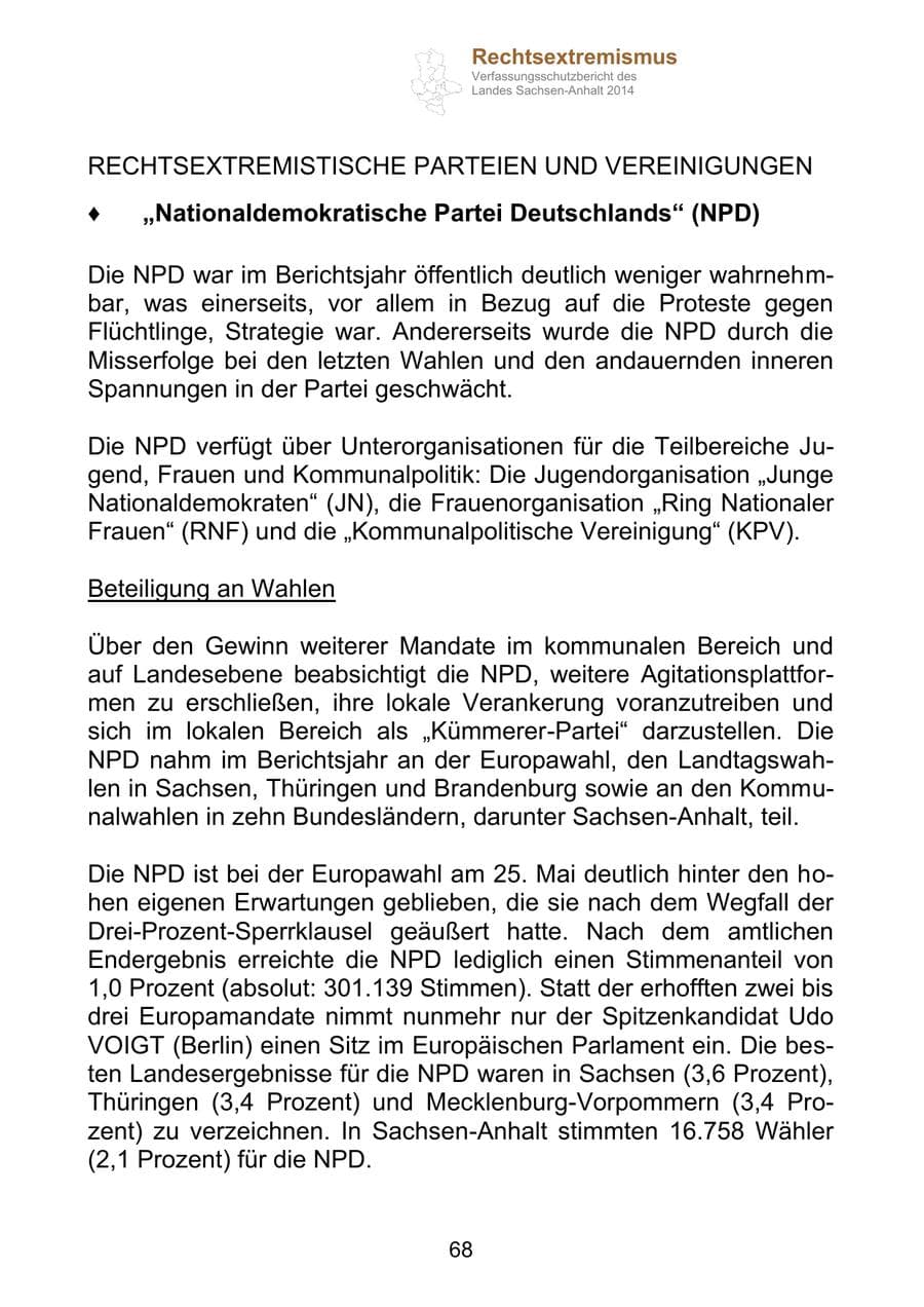 Seite 68 des Verfassungsschutzbericht 2014 Sachsen-Anhalt