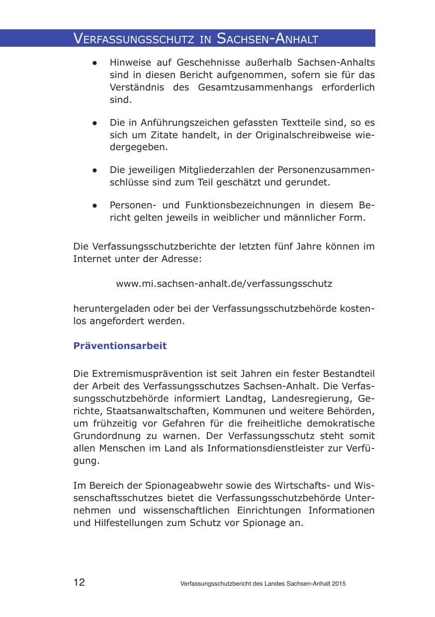 Seite 12 des Verfassungsschutzbericht 2015 Sachsen-Anhalt