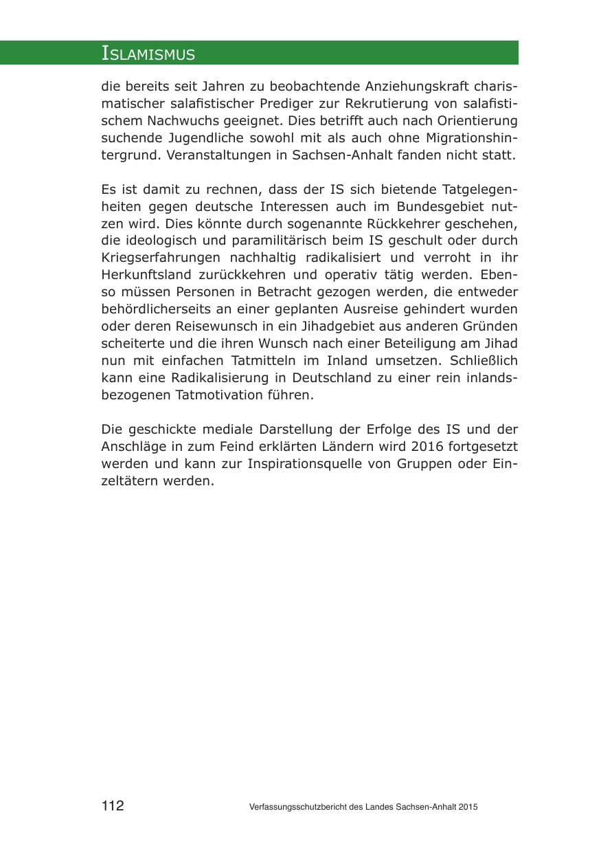 Seite 112 des Verfassungsschutzbericht 2015 Sachsen-Anhalt