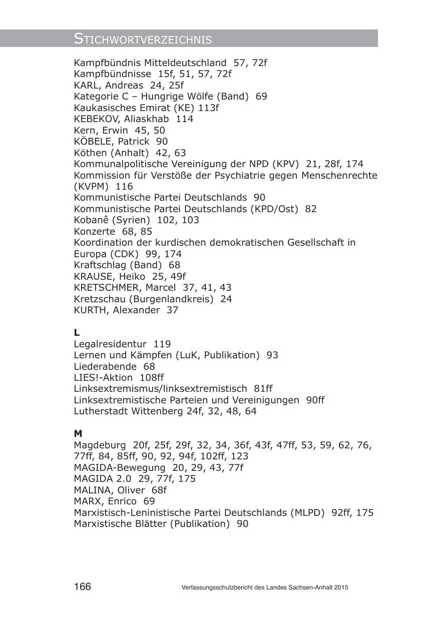 Seite 166 des Verfassungsschutzbericht 2015 Sachsen-Anhalt