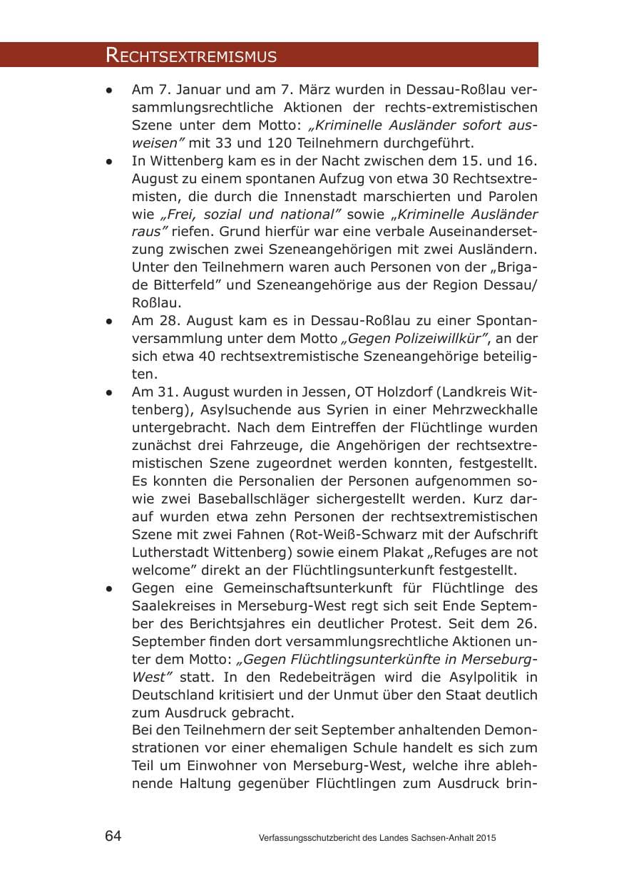 Seite 64 des Verfassungsschutzbericht 2015 Sachsen-Anhalt