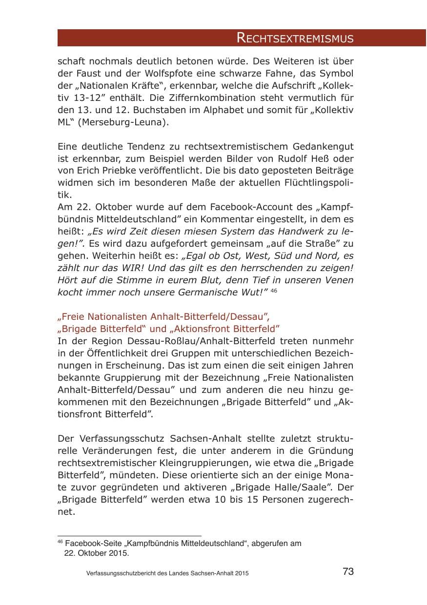 Seite 73 des Verfassungsschutzbericht 2015 Sachsen-Anhalt