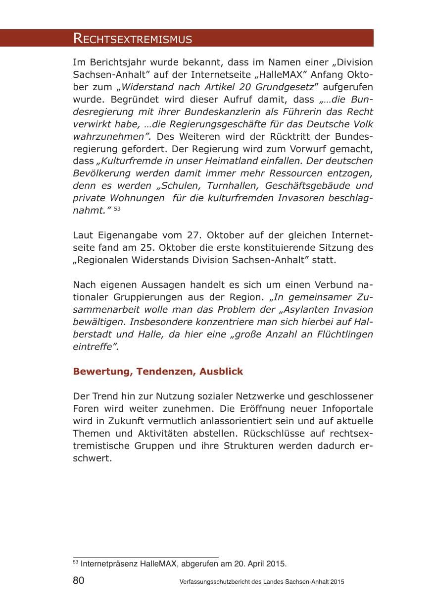 Seite 80 des Verfassungsschutzbericht 2015 Sachsen-Anhalt
