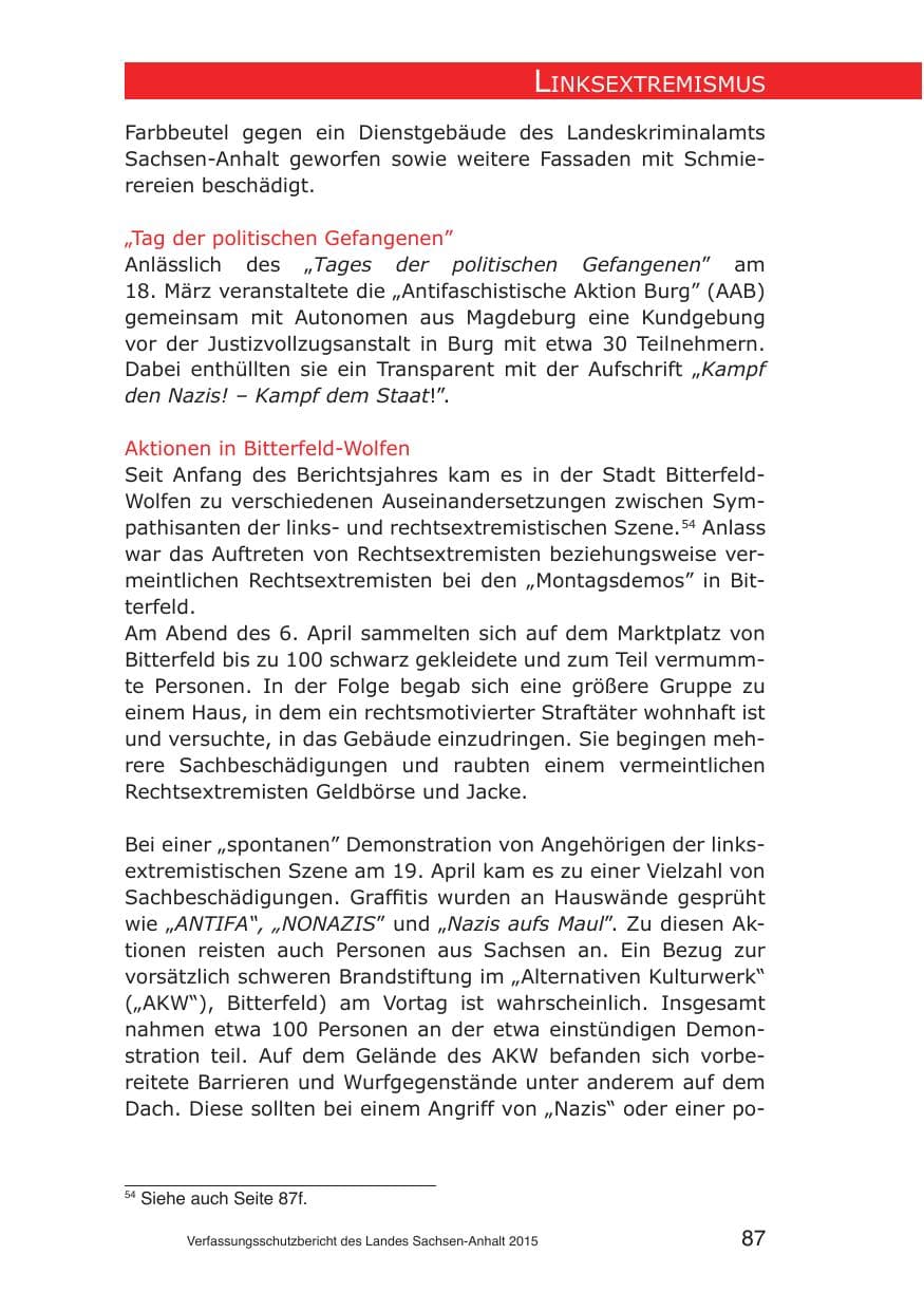 Seite 87 des Verfassungsschutzbericht 2015 Sachsen-Anhalt