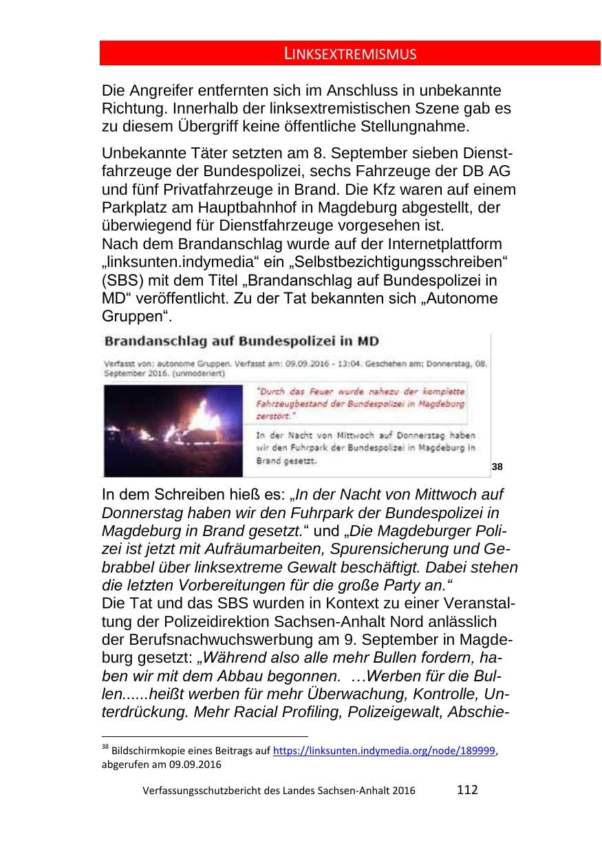 Seite 112 des Verfassungsschutzbericht 2016 Sachsen-Anhalt