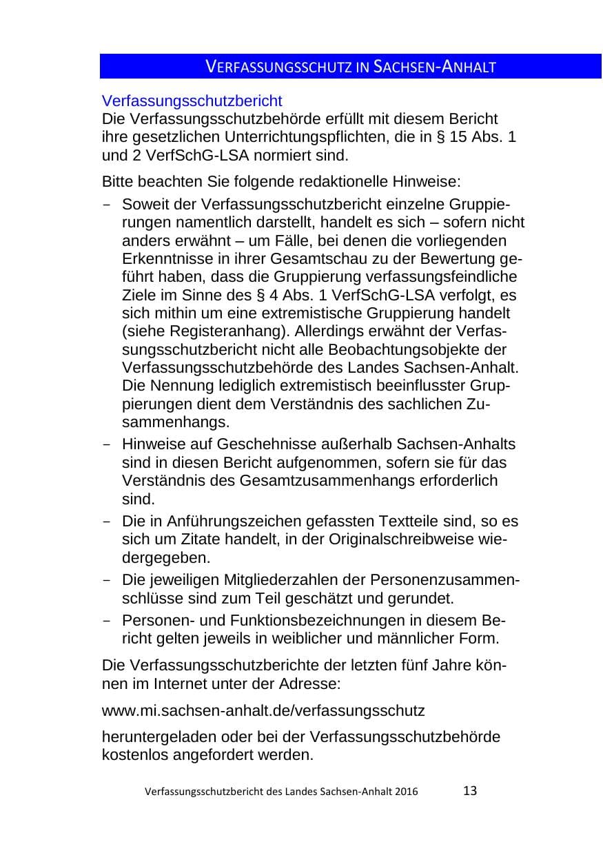 Seite 13 des Verfassungsschutzbericht 2016 Sachsen-Anhalt