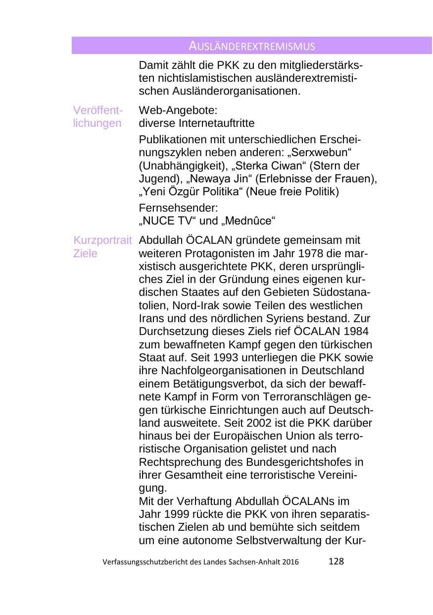 Seite 128 des Verfassungsschutzbericht 2016 Sachsen-Anhalt